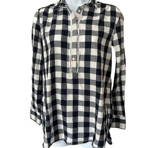 Loft gingham plaid popover long sleeve cotton tunic top. Blk/gray/white Size XS